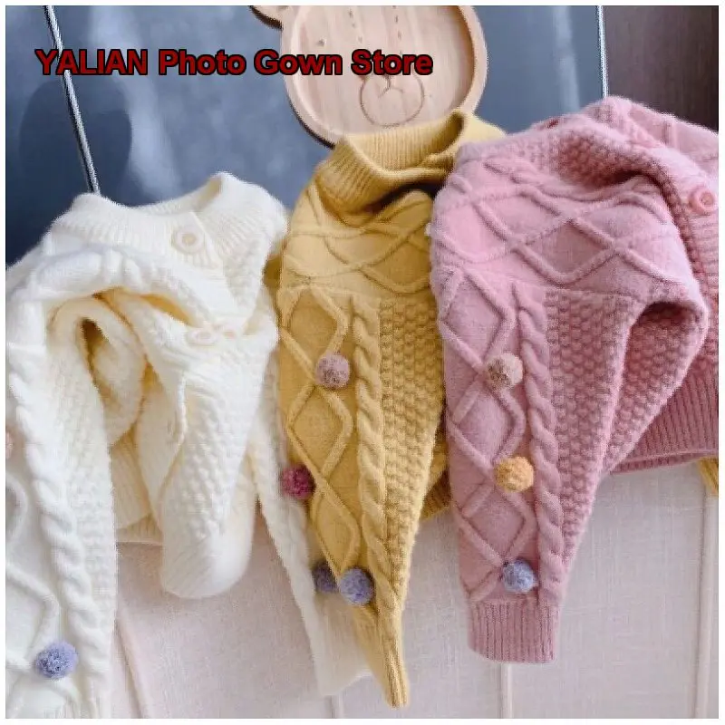 Girls Knit Cardigan Baby Infant Autumn Spring Sweet Knit Top Cute Pom-Pom