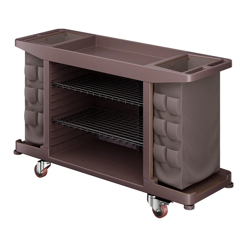Multifunctional hotel work car, dedicated to hotel rooms, hygiene and cleaning, burgundy trolley