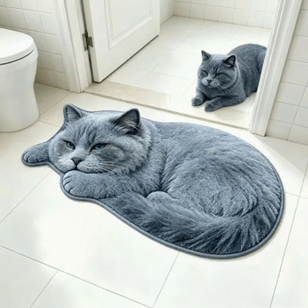 Soft Surface Cat Shape Floor Mat Crystal Velvet 2D Printed Bedside Carpet Cute Outline Easy Clean Entryway Door Mat