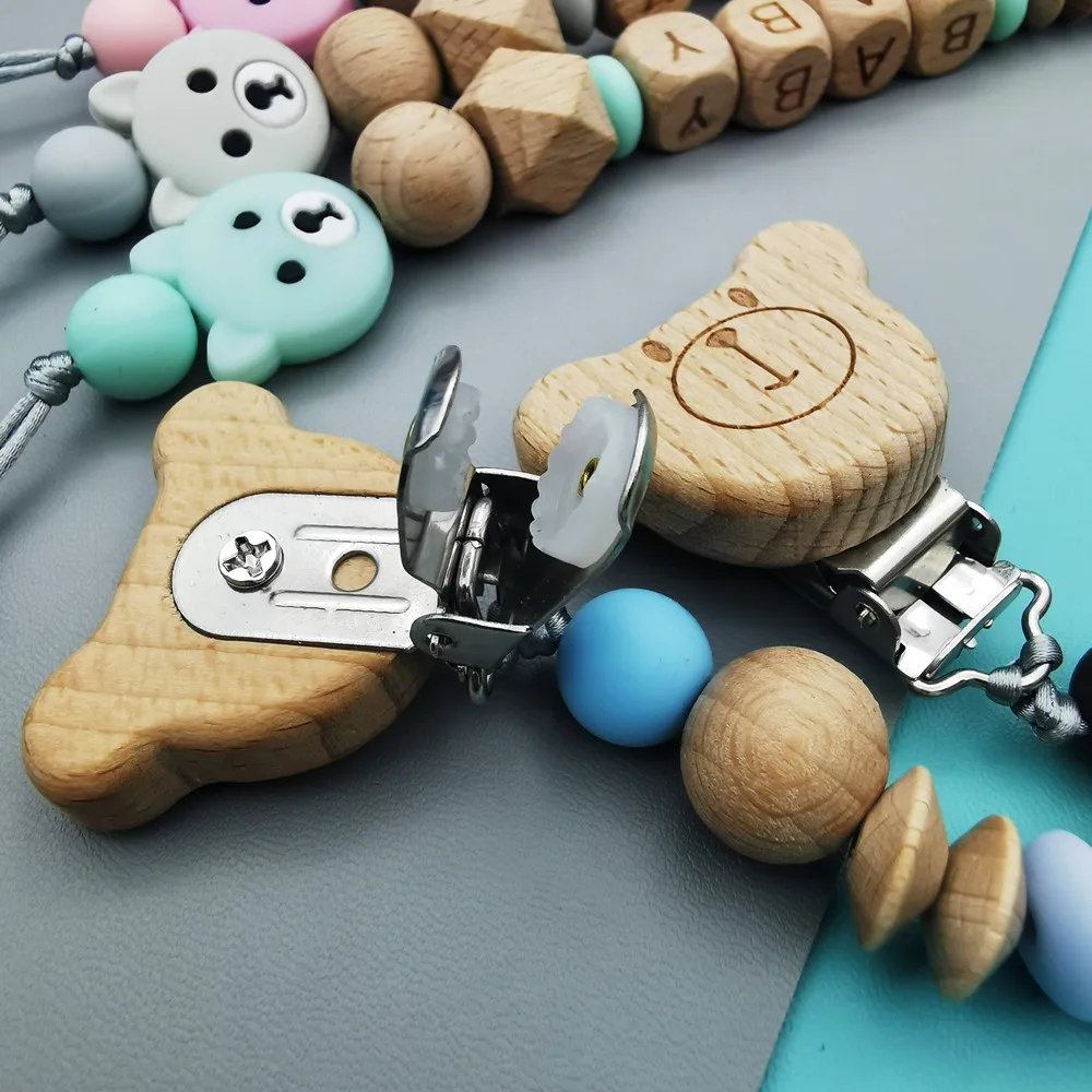 Customizable Beech English Letter Name Baby Bear Beech Clips Pacifier Chains Teether Pendants Toys Baby Pacifier Kawaii Teether