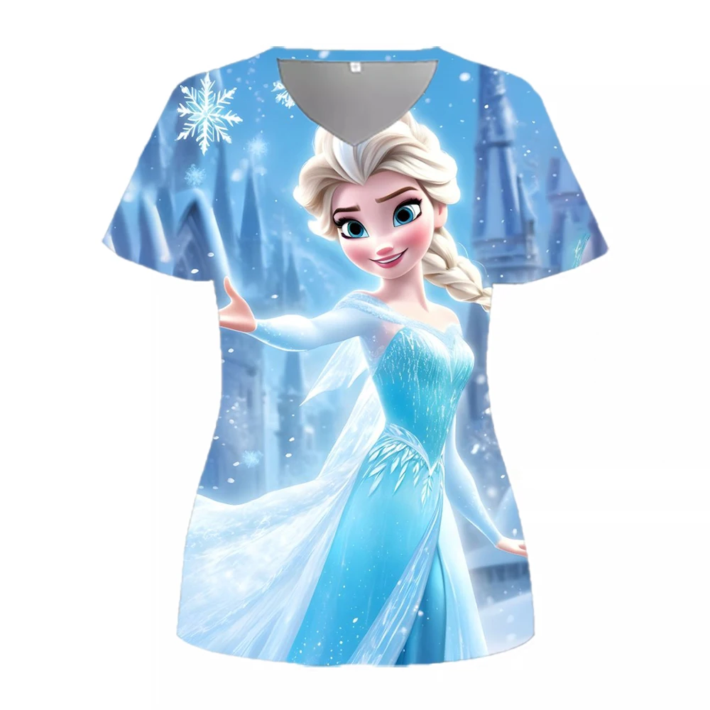 New Disney Princess Cartoon Pattern Printed Women's T-shirt 2024 Summer Comfortable and Casual Nurse Uniform Y2k style Top