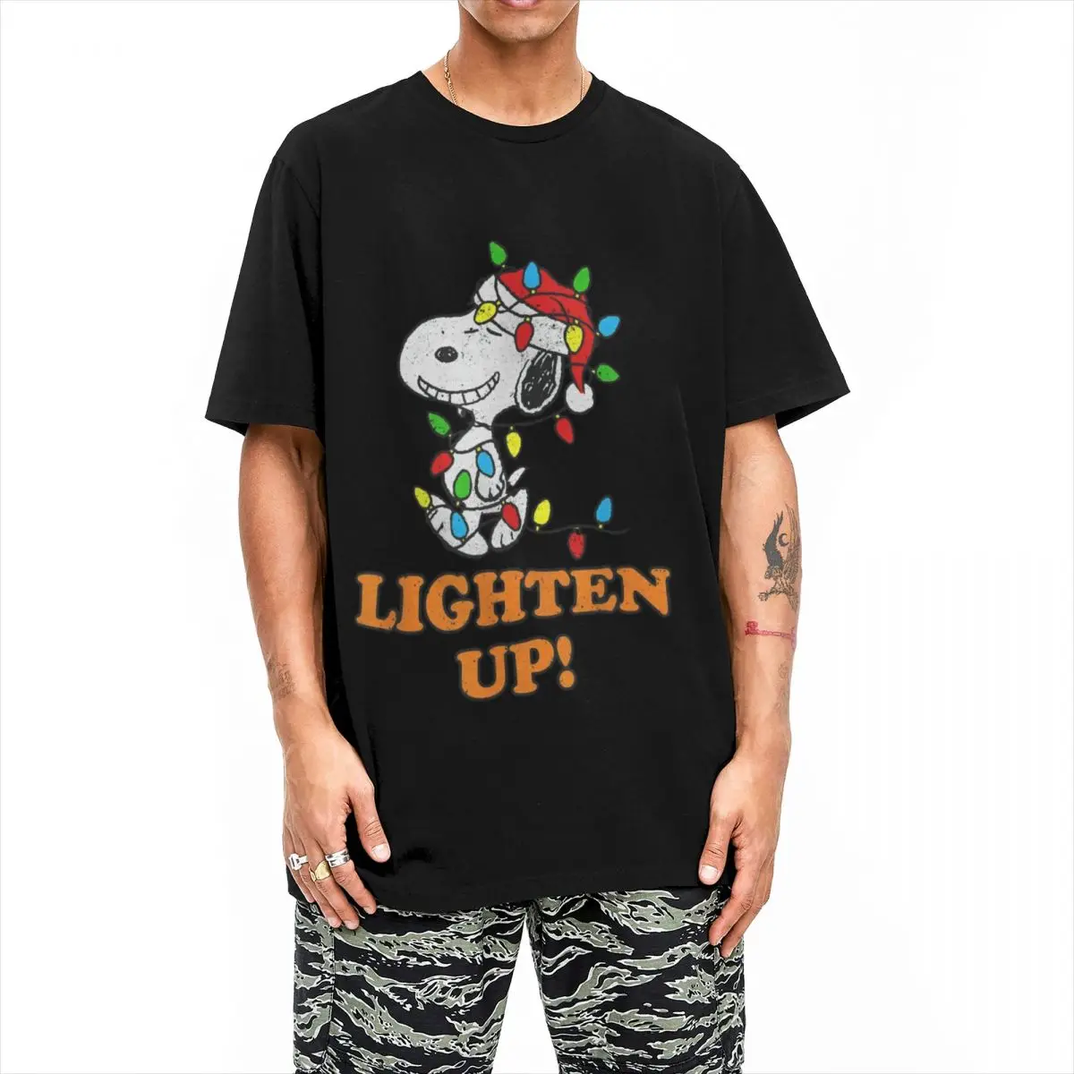 Peanuts Snoopy Christmas Lighten Up T Shirt Men Women Cotton Fashion T-Shirt Round Collar Tee Shirt Short Sleeve Tops Plus Size