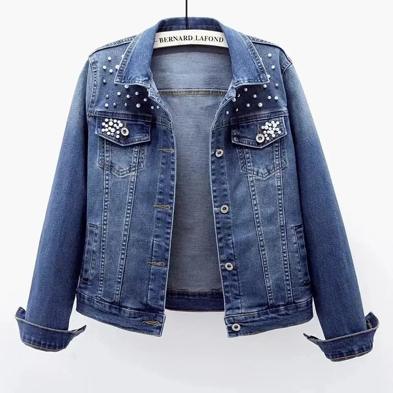 

Beading Short Denim Jacket Women Spring Autumn Pocket Jeans Coat Slim Elastic Outwear Female Casual Tops Fashion Students Coats