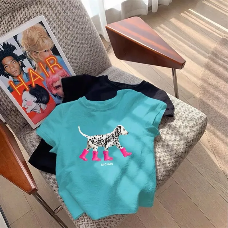 

Корейская футболка для девочек на лето 2024, новая футболка с круглым вырезом и пятнистой собакой, короткая детская футболка среднего размера