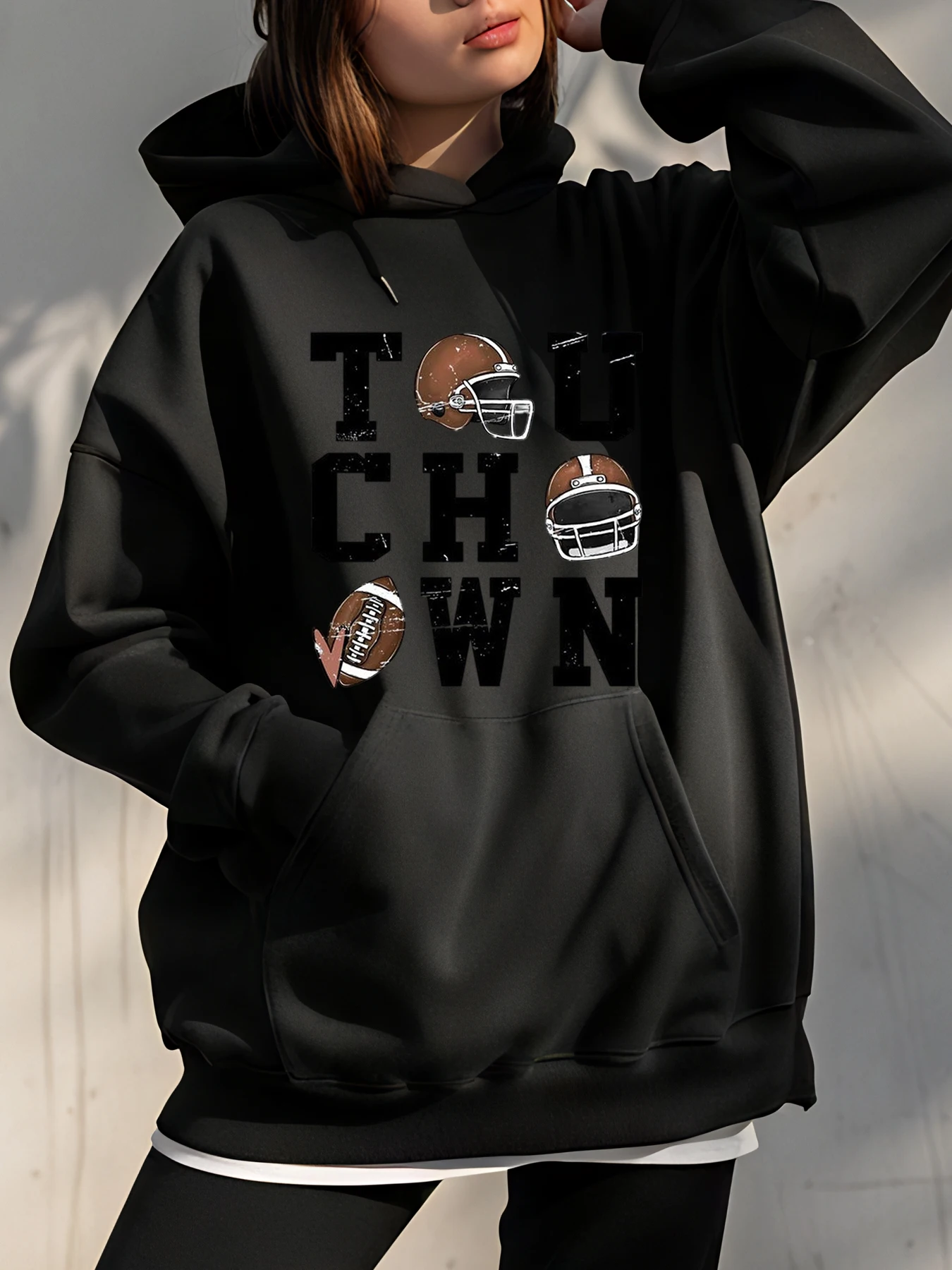 

Футбольная толстовка с капюшоном и принтом Touchdown, толстовка большого размера, повседневная спортивная одежда, женская модная уличная одежда