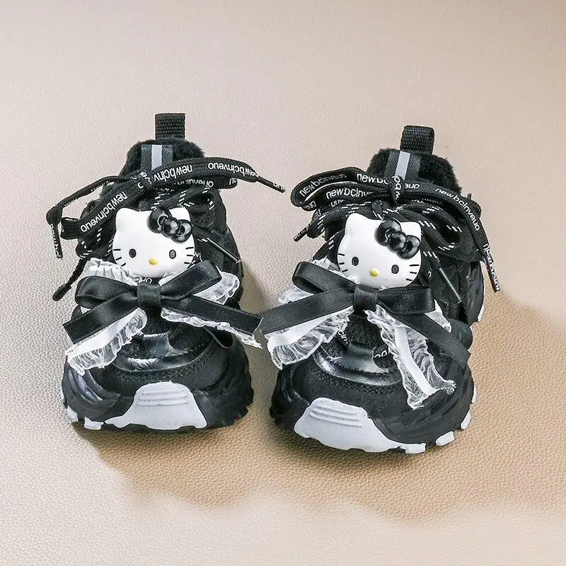 

Кроссовки Sanrio Hello Kitty на шнуровке с флисовой подкладкой, теплые спортивные кроссовки для девочек, детские зимние кроссовки в корейском стиле, модные новые кроссовки