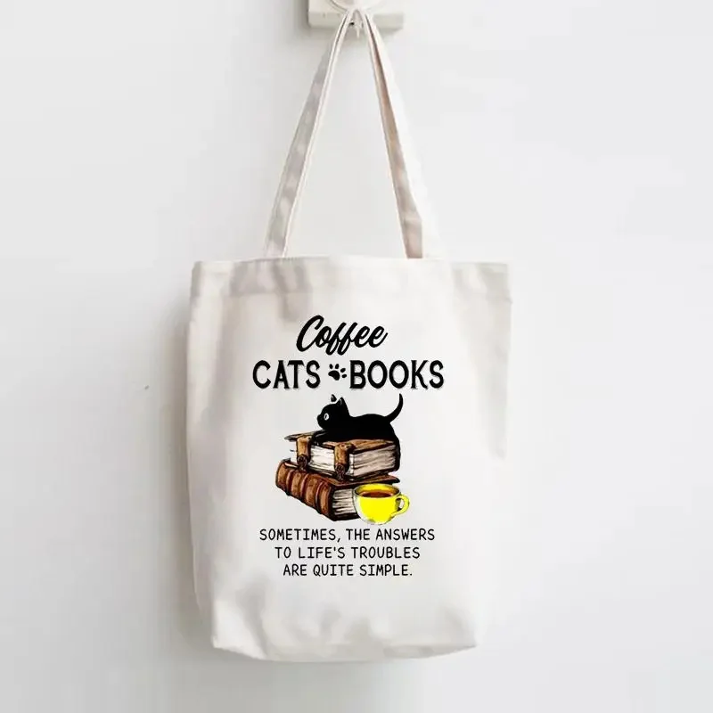 Cat Books Coffee Love Print Shopper Handbags Shoulder Fashion Canvas Casual Shopping Girls Women Graphic Reuseable Tote Bag