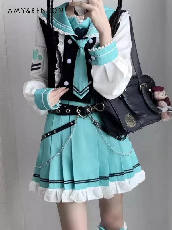

Original Japanese Hot Girl JK Uniform Sweet College Style Sailor Suit Student Sets Cute Long Sleeve Short Shirt Pleated Skirt