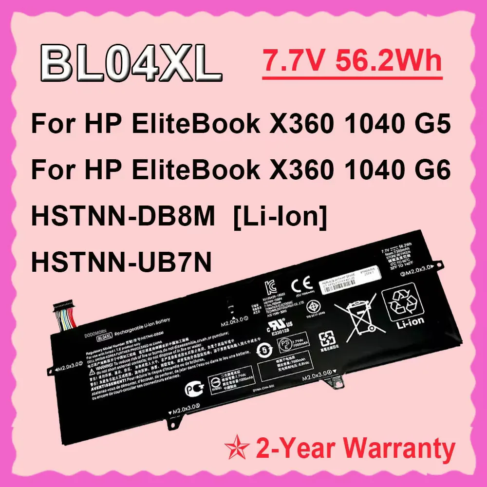 

DODOMORN Replacement BL04XL Battery For HP EliteBook X360 1040 G5 G6 Series Laptop HSTNN-DB8M HSTNN-UB7N 7.7V 56.2Wh 7300mAh