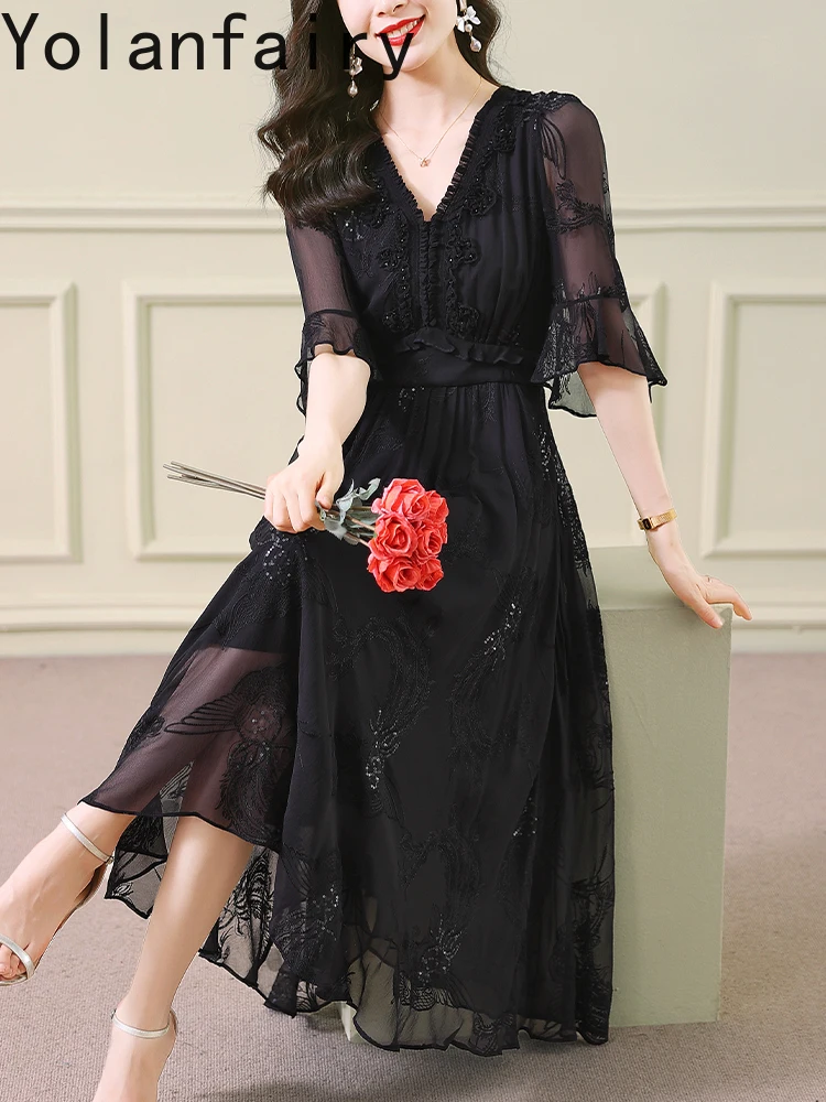 YOLANFAIRY جودة عالية 100% فستان حريري التوت الحقيقي الملابس النسائية التطريز فستان أبيض أنيق فساتين الصيف رداء امرأة