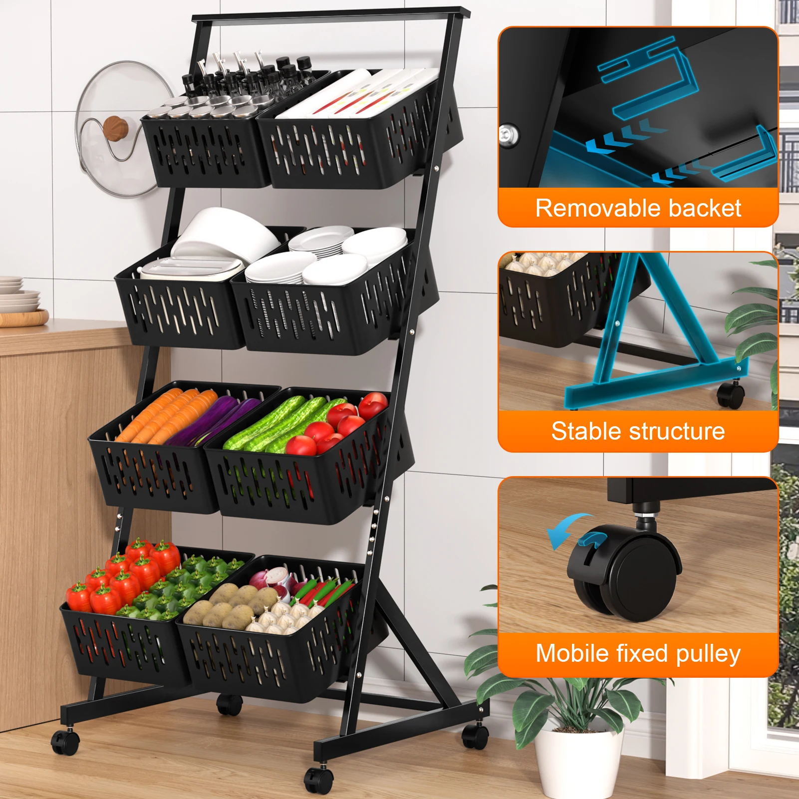 

Fruit Vegetable Storage Basket Cart 4 Tier Stackable Mesh Storage Shelf with Wheels Pantry Organizer Rack with Detachable