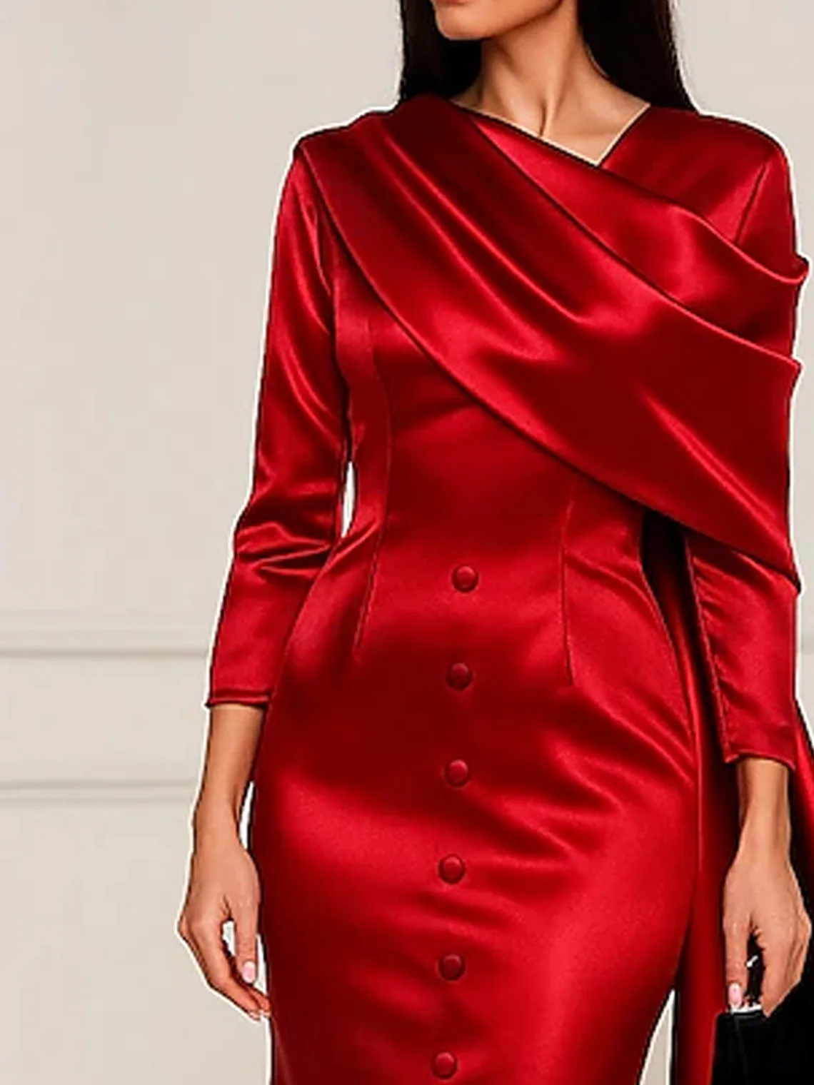 エレガントなマーメイドサテンプロムドレス、イレギュラーカラー、フロア丈、ロングスリーブ、無地、フォーマルイブニングガウン、2025年、無料カスタマイズ