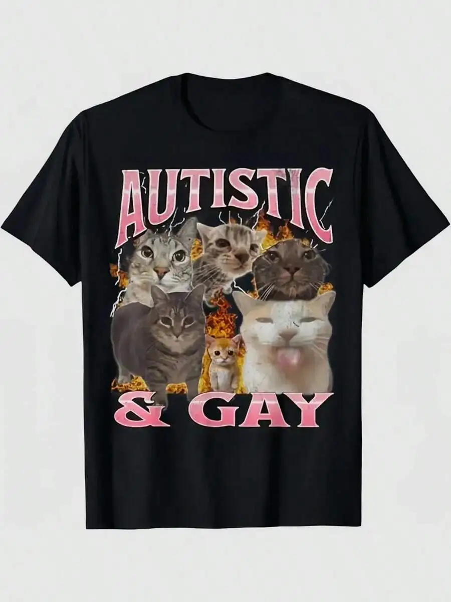 

Mens Casual Short Sleeve Graphic Tee - Black With Pink Cat Meme Print, Regular Fit, Machine Washable