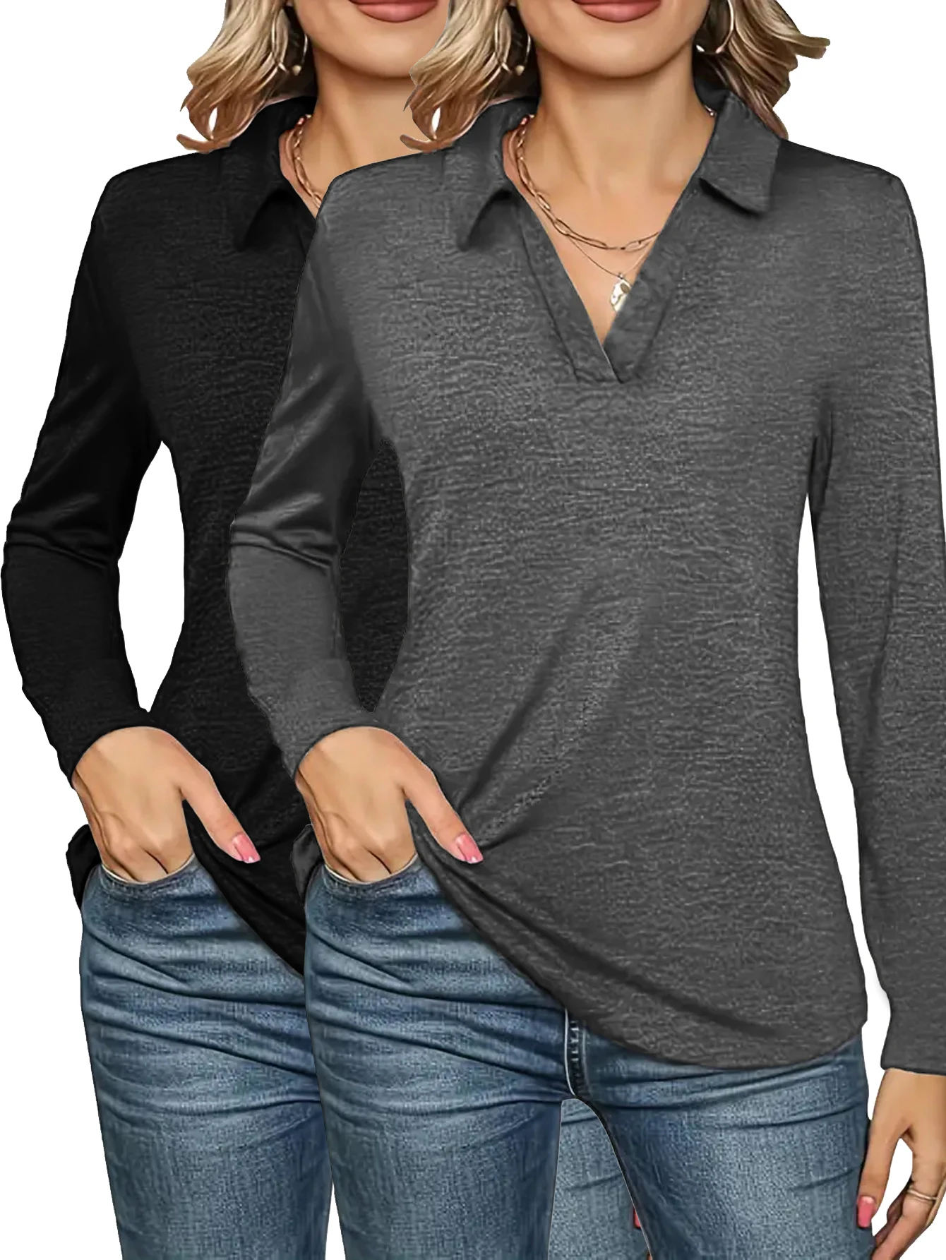 

Женская удобная повседневная рубашка-поло с длинными рукавами и v-образным вырезом, однотонный свободный топ из двух частей