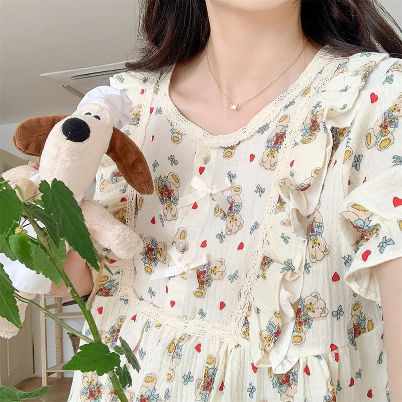 Bear Heart Print Cartoon Short Sleeve Shorts Casual Pajamas Set Women Korean Princess Kawaii Elegant Loose Two Piece Set Ins