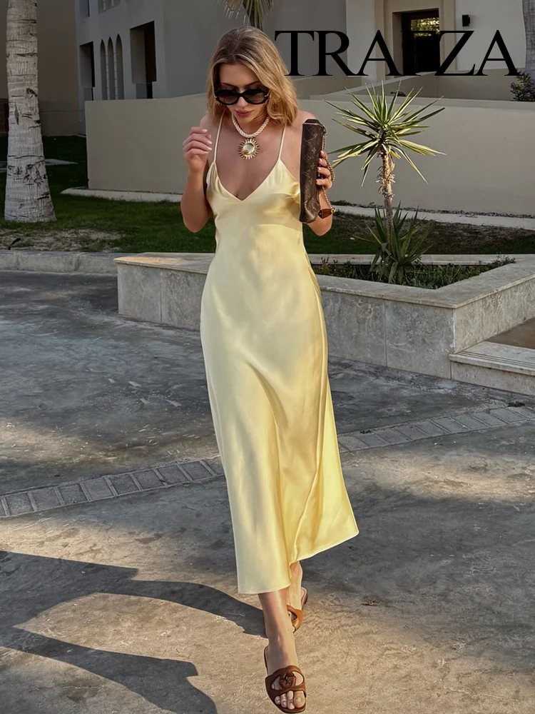 TRAFZA Women's Summer Solid Sexy Elegant Slim Beach Party Sling Dress Female Backless V-Neck Rear Zipper Midi Sleeveless Dress