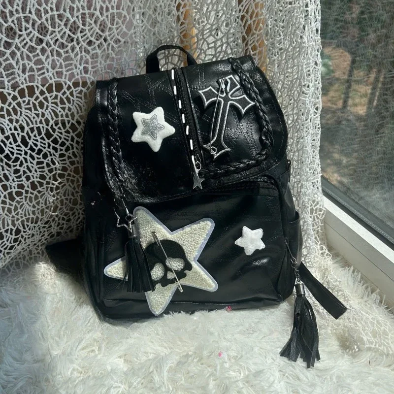 Handmade Punk Casual Backpack Shining Star Travel Bone Backpack Versatile Flip American Backpack Purses Handbags Designer Bag