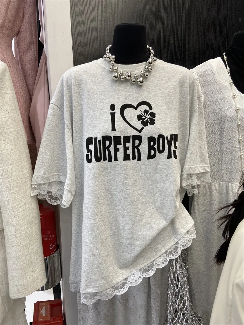 

Корейская стильная футболка с кружевом и надписью, женская летняя модная футболка из смесового хлопка с коротким рукавом и круглым вырезом