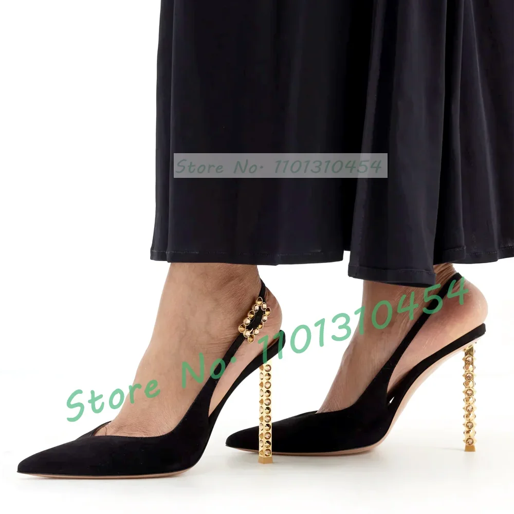 

Сандалии женские на шпильке с ремешком на пятке, стильные замшевые туфли с острым носком, роскошные босоножки с ремешком на пятке с пряжкой, с золотым кристаллом