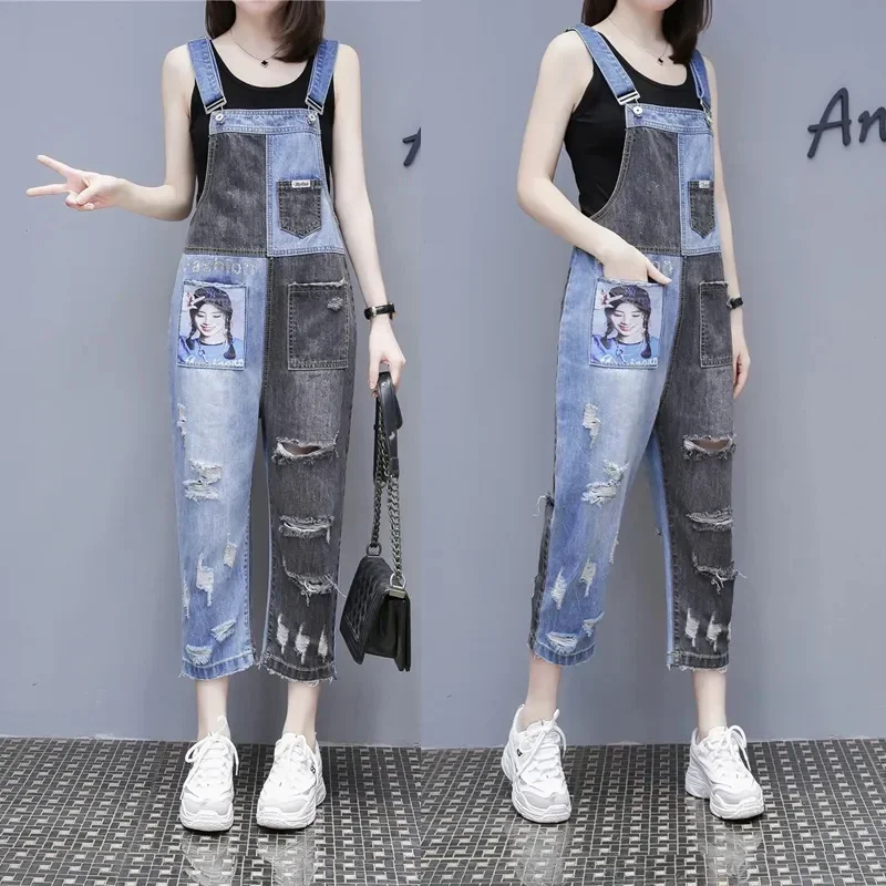 Spring Summer Dungarees 2024 New Hole Pocket Denim Overalls Women Splicing Bibs Loose Pants Fashion Wide Legs Jumpsuits Female