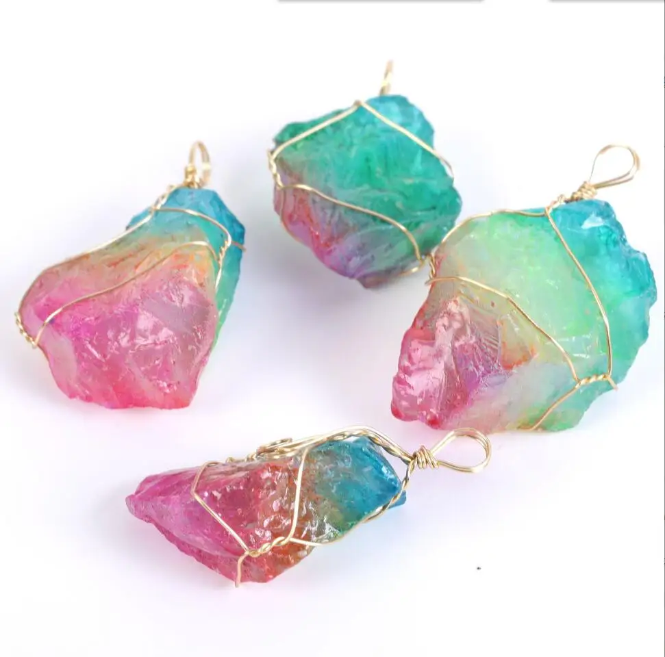 

1PC New Style Irregular Necklace & Pendants Wrap Wire Natural Gem Rainbow Stone Quartz Opal Men Women Reiki Necklace F1685