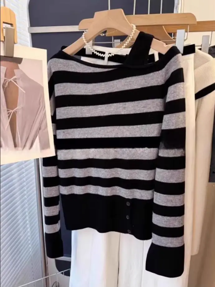 Y2K Harajuku Korean Style Knitwear Sweater Women Autumn Winter 2026 Fashion Striped Slim Fit Off Shoulder Pullover Clothing