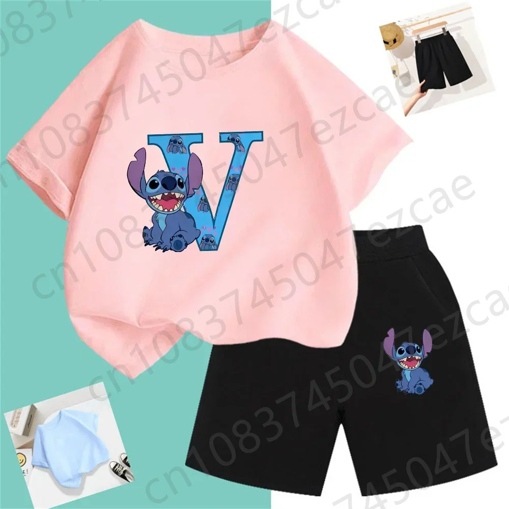 T-shirt Lilo e Stitch Set Compleanno Lettera fortunata Cotone Abbigliamento per bambini Ragazze e ragazzi Camicie sportive T-shirt comiche Baby