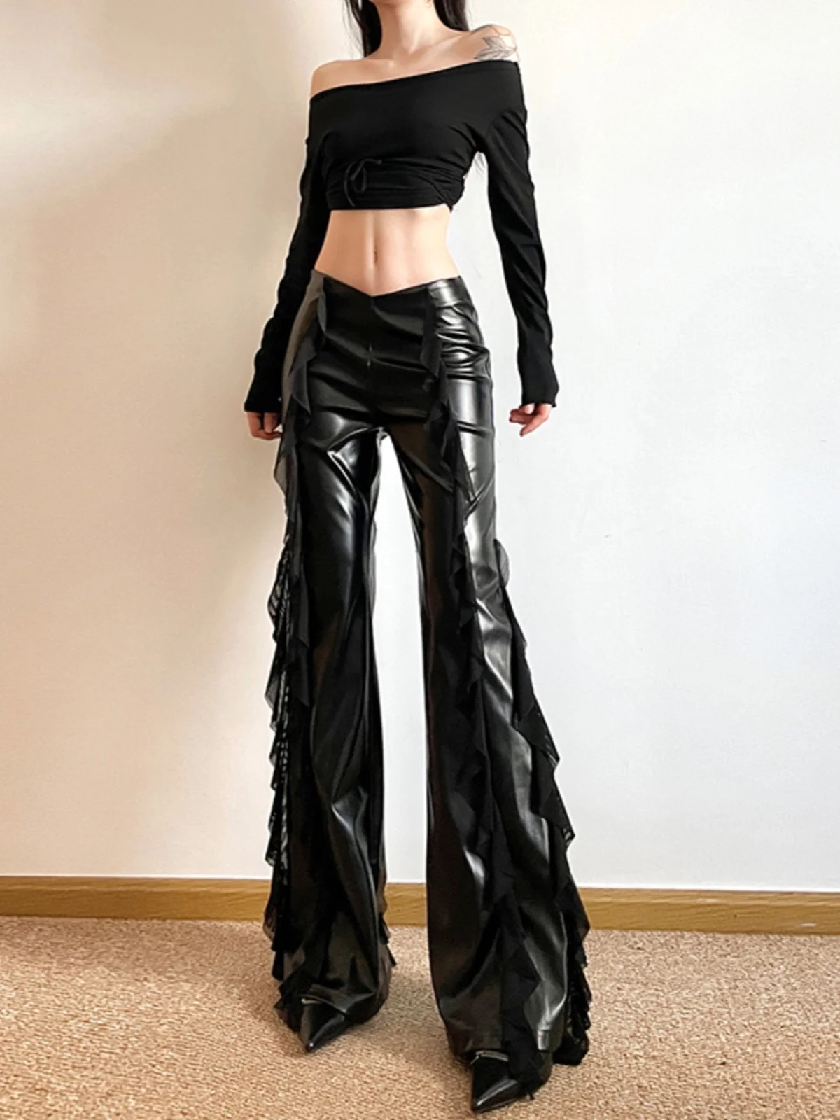 Gothic Street Sle Leather Pants for Women High Waist Tassel Detail Me Splicing Drapey Versatile Long Pants by Weird Puss