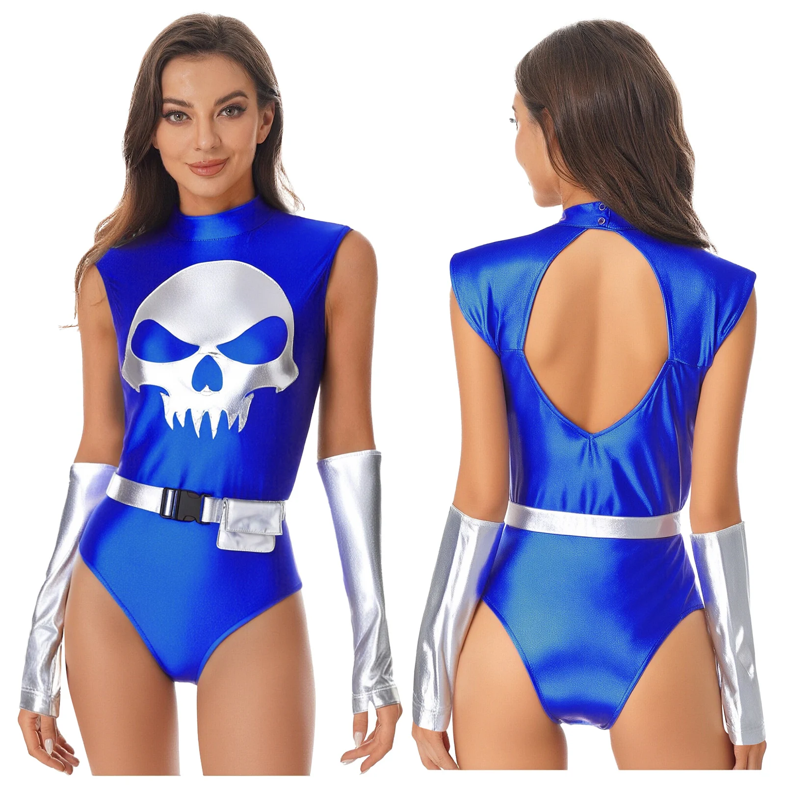 

Women Fashion Shiny Skull Print Bodysuit with Belt And Fingerless Gloves Suits for Pole Dancing Party Club Performance Outfits