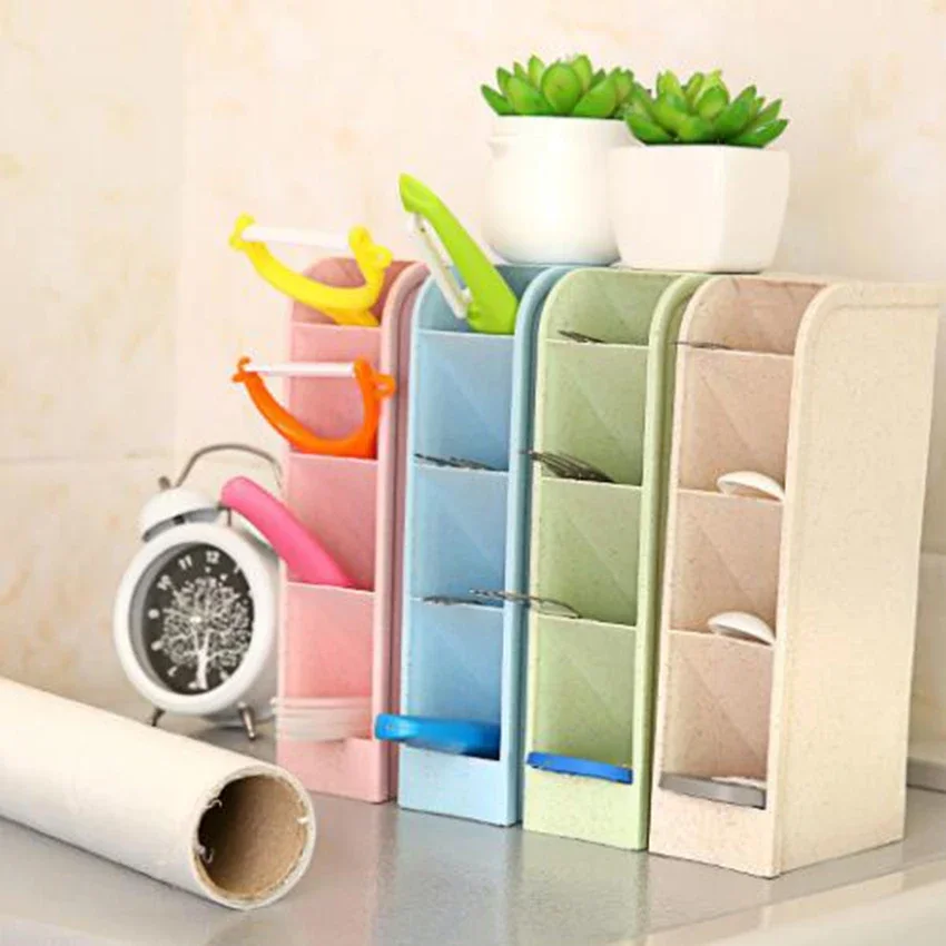 Vertical Wheat Straw 4 Grids Desktop Storage Box Nordic Style Pen Pencil Holder Multifunctional Cosmetic Drawer Organizer