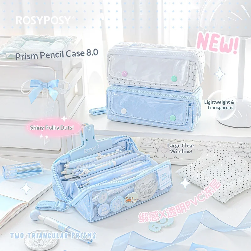 Hot RosyPosy Federmäppchen Prism Shine Polka Dot, großes Fassungsvermögen, transparentes PVC-Fenster, Satin-Textur, Schreibwaren-Organizer für den täglichen Gebrauch