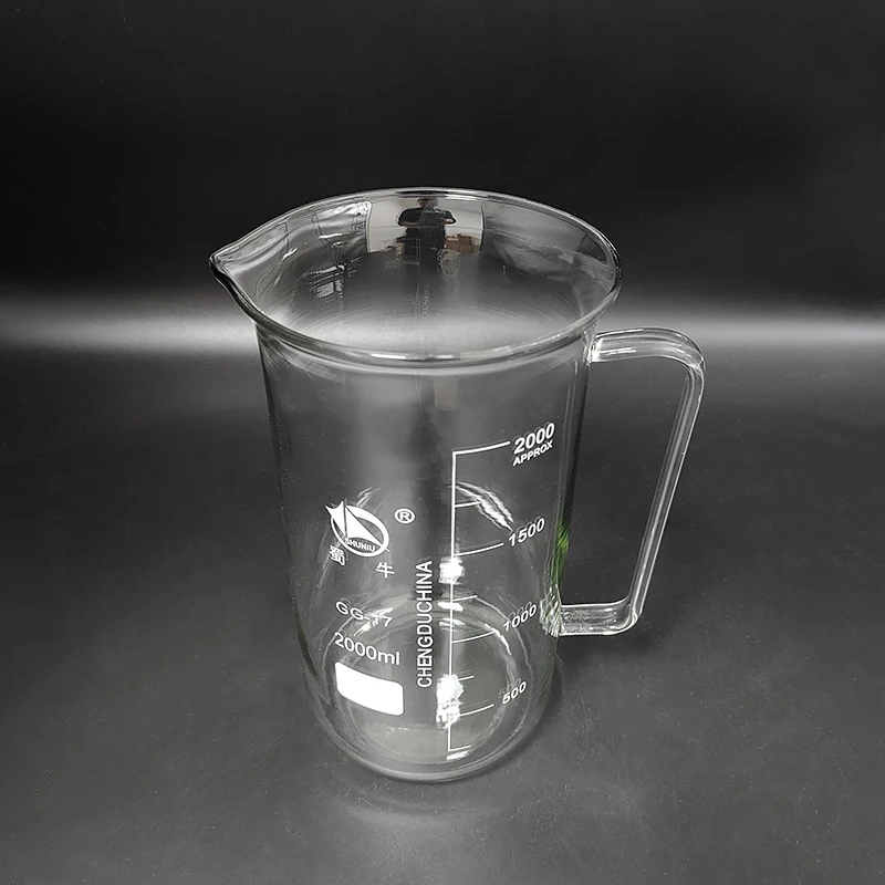 

With handle Beaker in tall form,Capacity 2000ml,Outer diameter=123mm,Height=244mm,Laboratory beaker