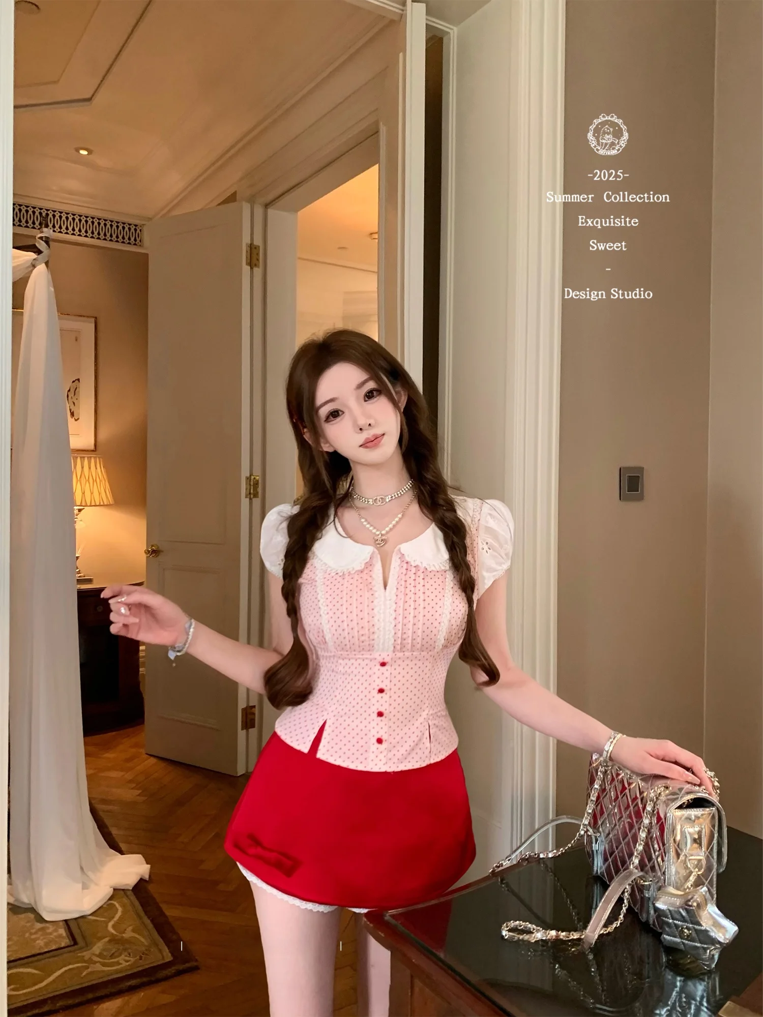 

Catyears Sweet Polka Dot Color Block Ruffle Top Shorts Set Women's Fashion Ensemble Cotton Short Sleeve Button Closure