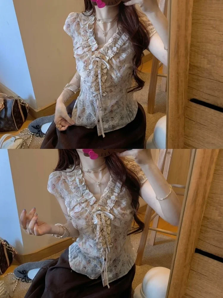 

Slimming Floral Short Sleeve Shirt V-Neck Tie Waist Women's Spring Summer Sweet Style Fashion Casual Inner Wear Shirt
