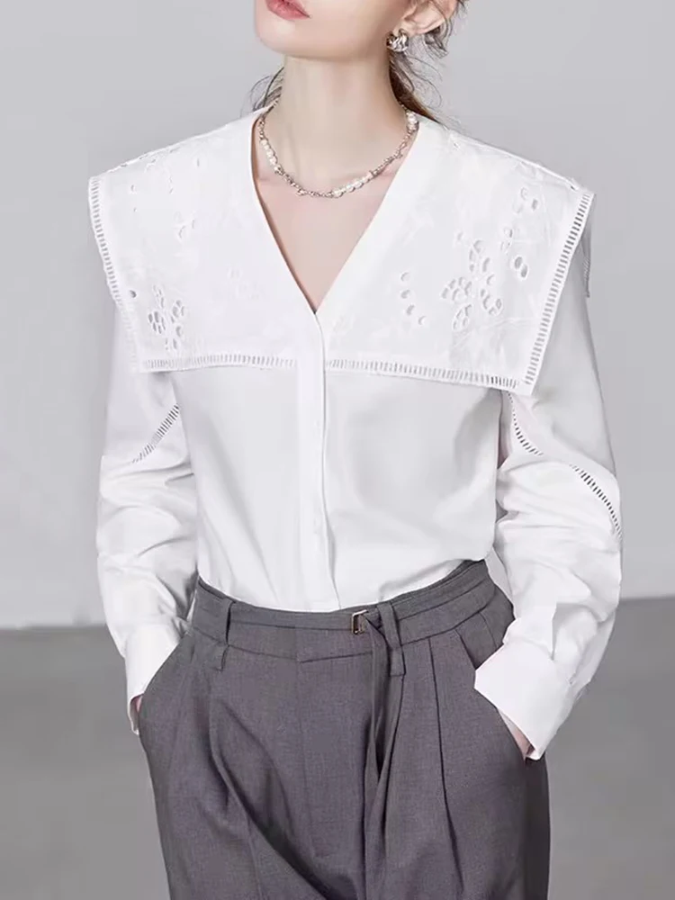 VGH Elegant White Shirt For Women V Neck Long Sleeve Spliced Button Hollow Design Temperament Korean Style Blouse Female Fashion