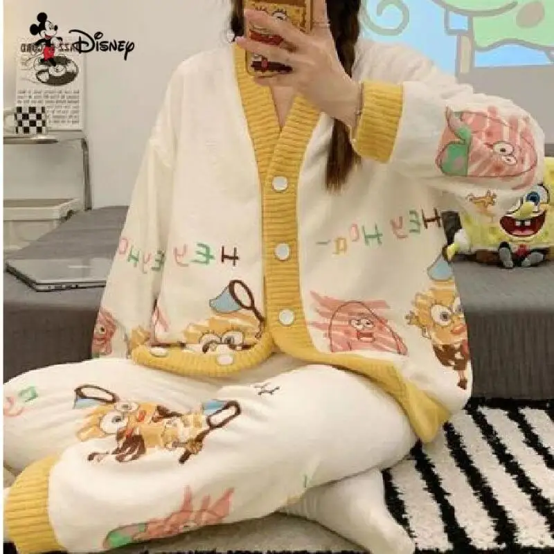 Ensemble pyjama chaud à manches longues pour étudiantes, Kawaii, vêtements de maison épais pour femmes, ensemble deux pièces doux et à la mode, Anime, hiver