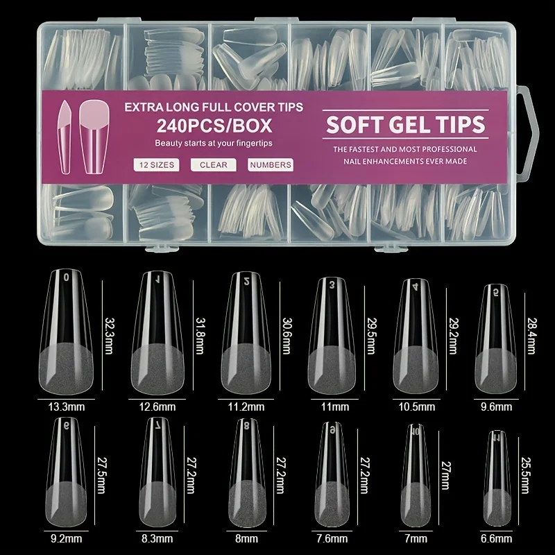 240pcs Full Coverage Soft Gel Nail Tips Set Semi-Matte Preformed Press-On Nails Transparent Nail Extension Kit