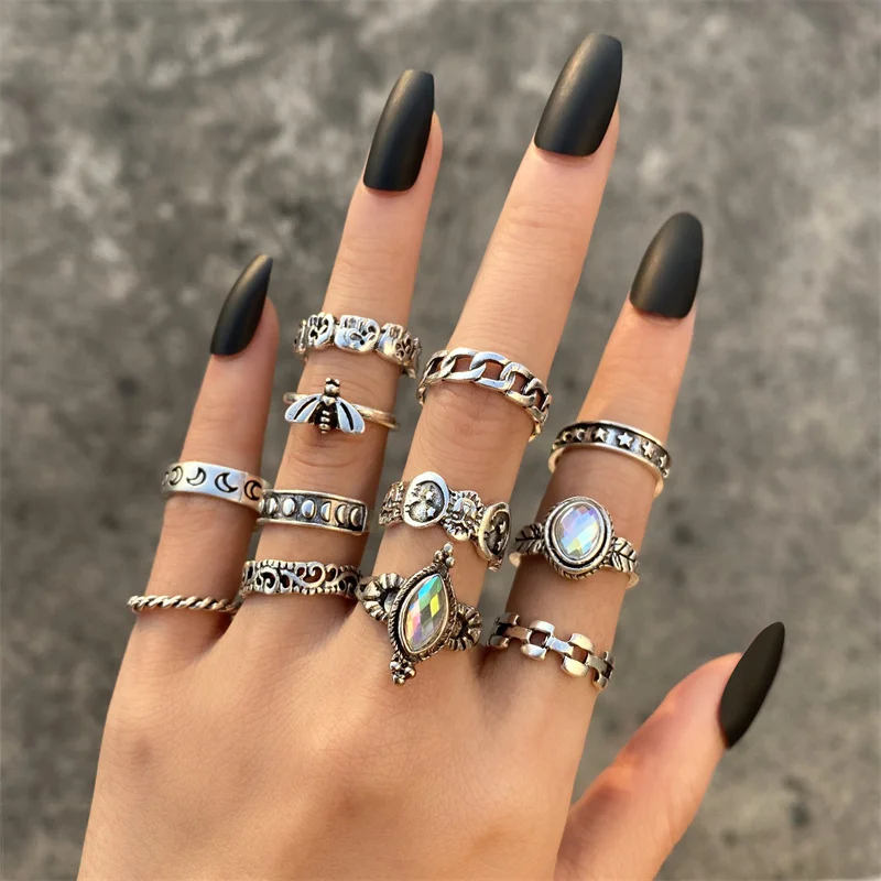 Punk Heart Ring Set for Women Sword Teary Eyes Gothic Vintage Plated Retro Rhinestone Bohemia Finger Jewelry 2022 New Trendy