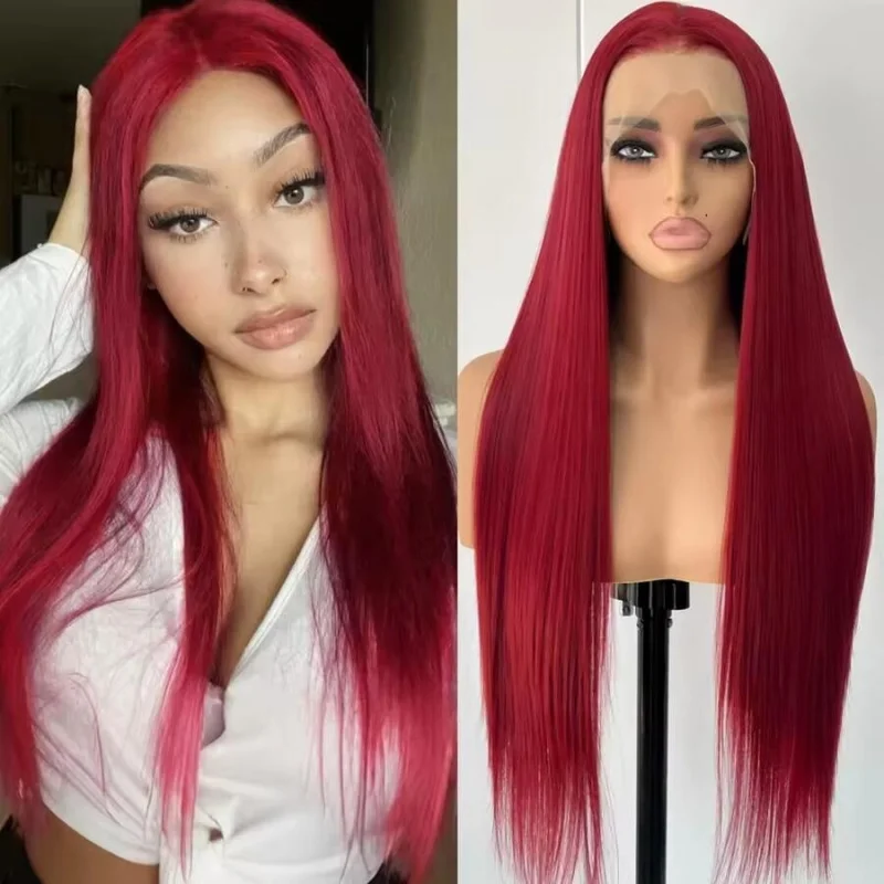 

24-дюймовый красный парик с кружевной передней частью, 13x4 прозрачное кружево, длинный прямой термостойкий синтетический парик, предварительно сформированная естественная линия роста волос