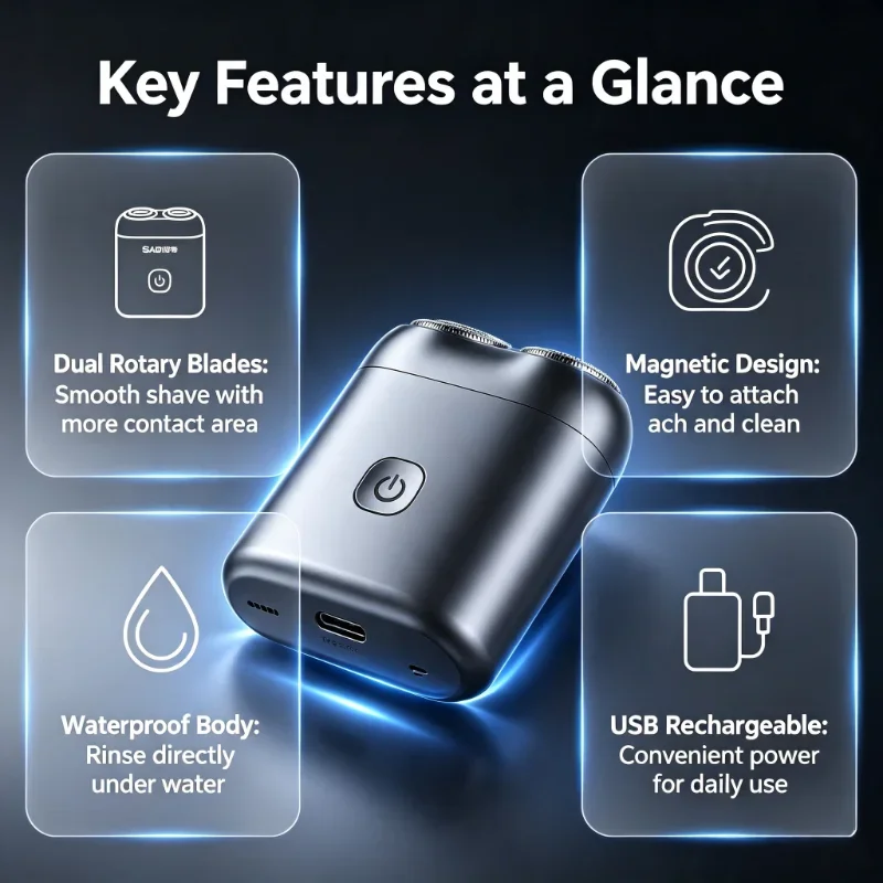 Magnetic Ultra Quiet Rotary Men Shaver Dual Blades USB Rechargeable Full Body Washable Beard Razor