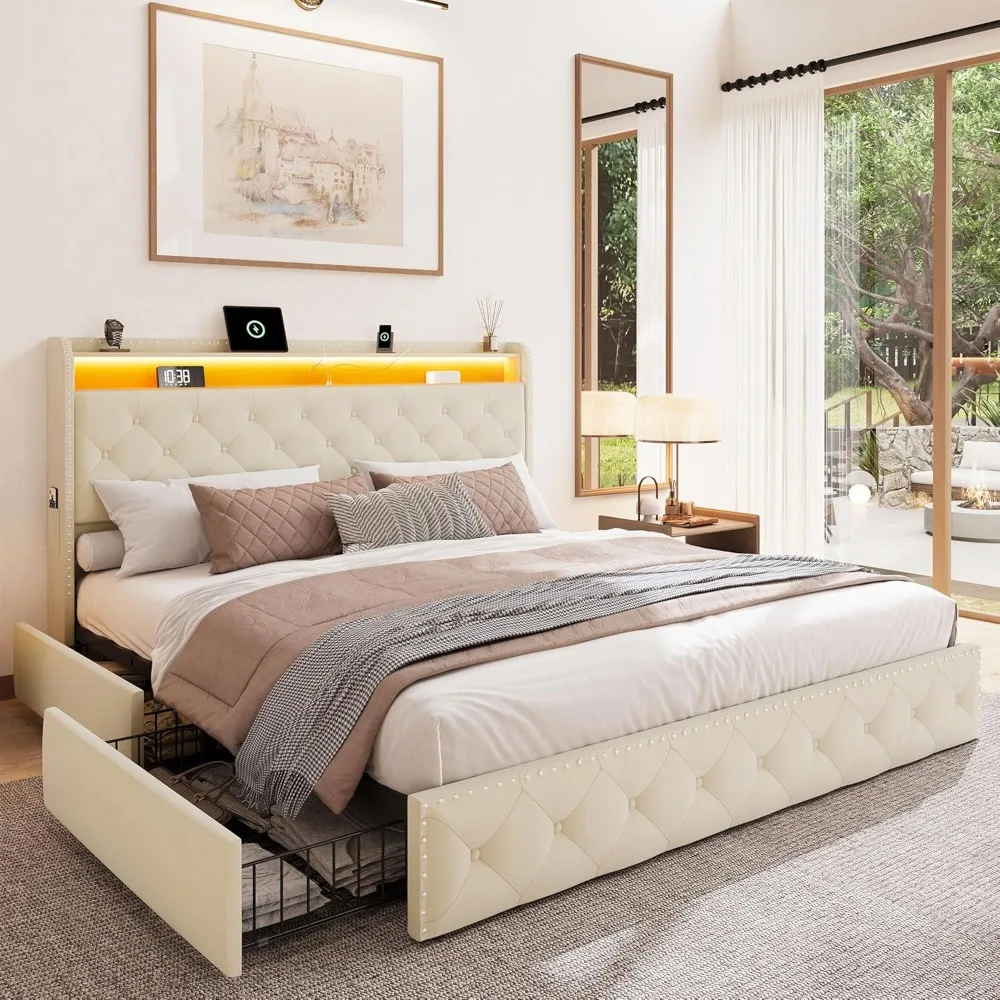 King Bed Frame with Large Storage Space and LED Lights and Charging Station, with Drawers,Upholstered Bed Frame