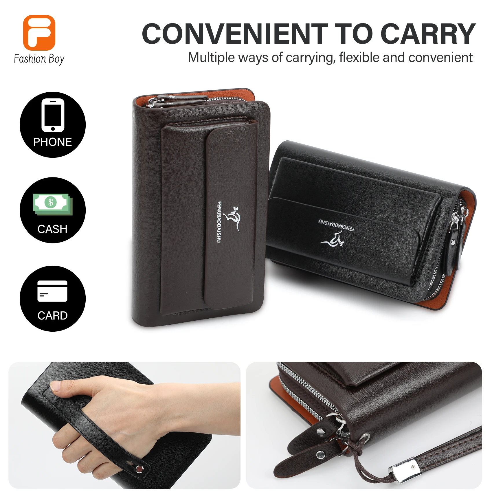 Bolsa de teléfono de gran capacidad con doble cremallera para hombre, bolso de mano de negocios con pinza para múltiples tarjetas