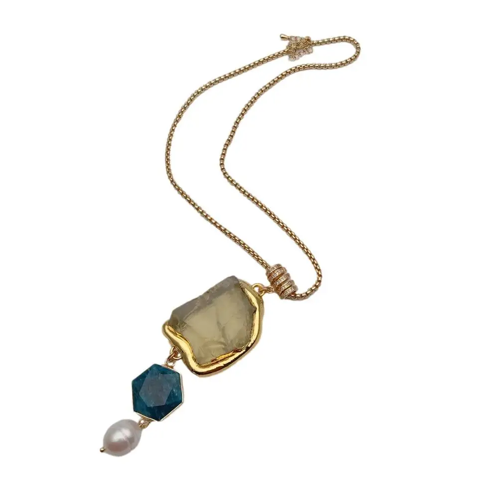 KKGEM  12x14mm Cultured White Rice Pearl Gold Plated Chain 27x35mm Natural Yellow Lemon Quartz 19mm Blue Apatite Necklace