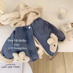 Korean Kids Girls Jacket Autumn Winter Plush Thick Children Girls Denim Jacket Trendy Rabbit Ear Cotton Baby Girls Jacket