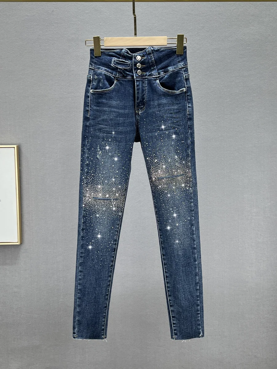 

Модные женские джинсы с высокой талией, облегающие, с блестками, осенние, новые, в европейском стиле, с имитацией дырок, узкие джинсы-карандаш