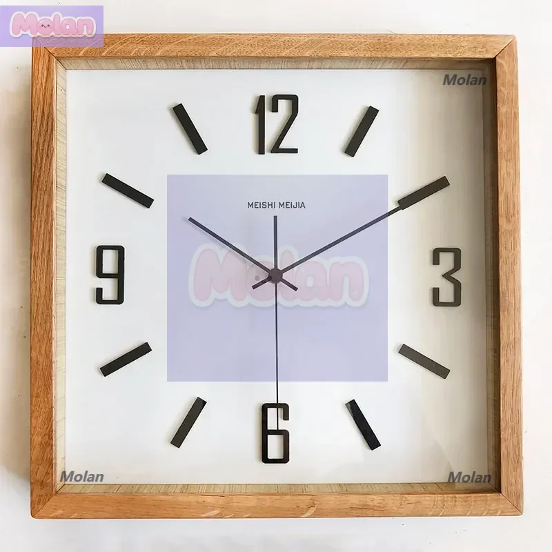 

Nordic log square wall clock oak Japanese simple quartz clock silent fashion wall hanging 29/35cm
