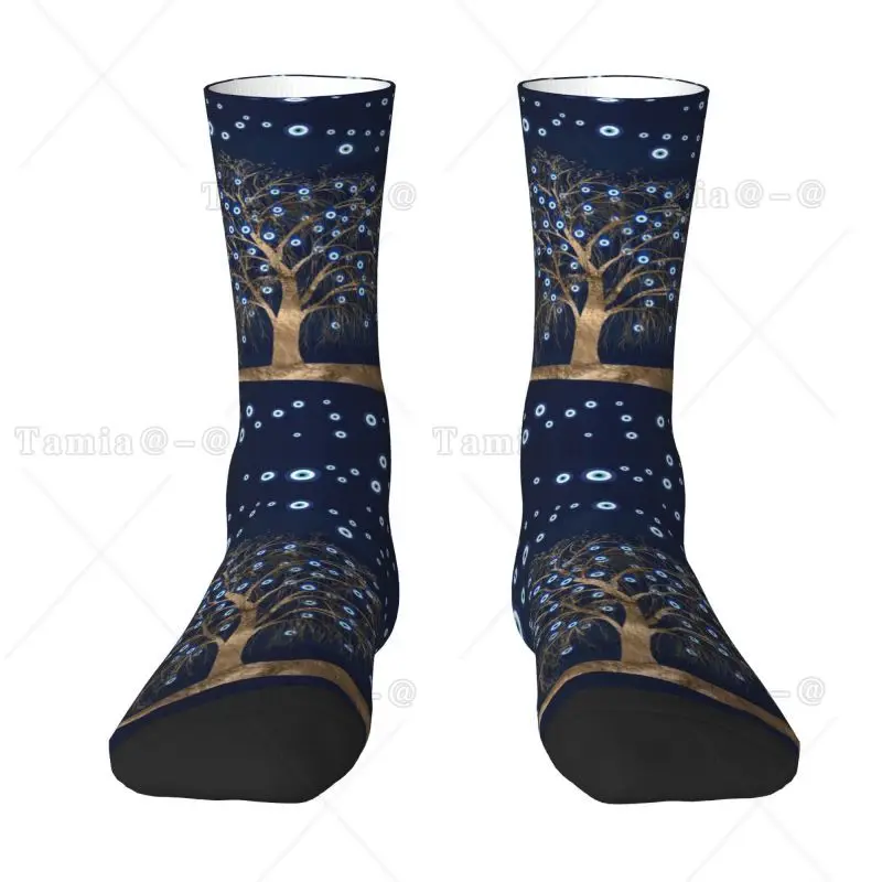 Charm Tree Gold On Dark Blue Mens Crew Socks Unisex Fun 3D Printing Amulet Nazar Evil Eye Dress Socks
