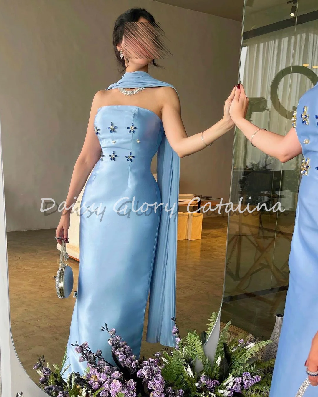 

Formal Occasion Dresses Blue Crystals Evening Dress 2024 Watteau Train Halter Ankle Length Saudi Arabia Women's فساتين الحفلات