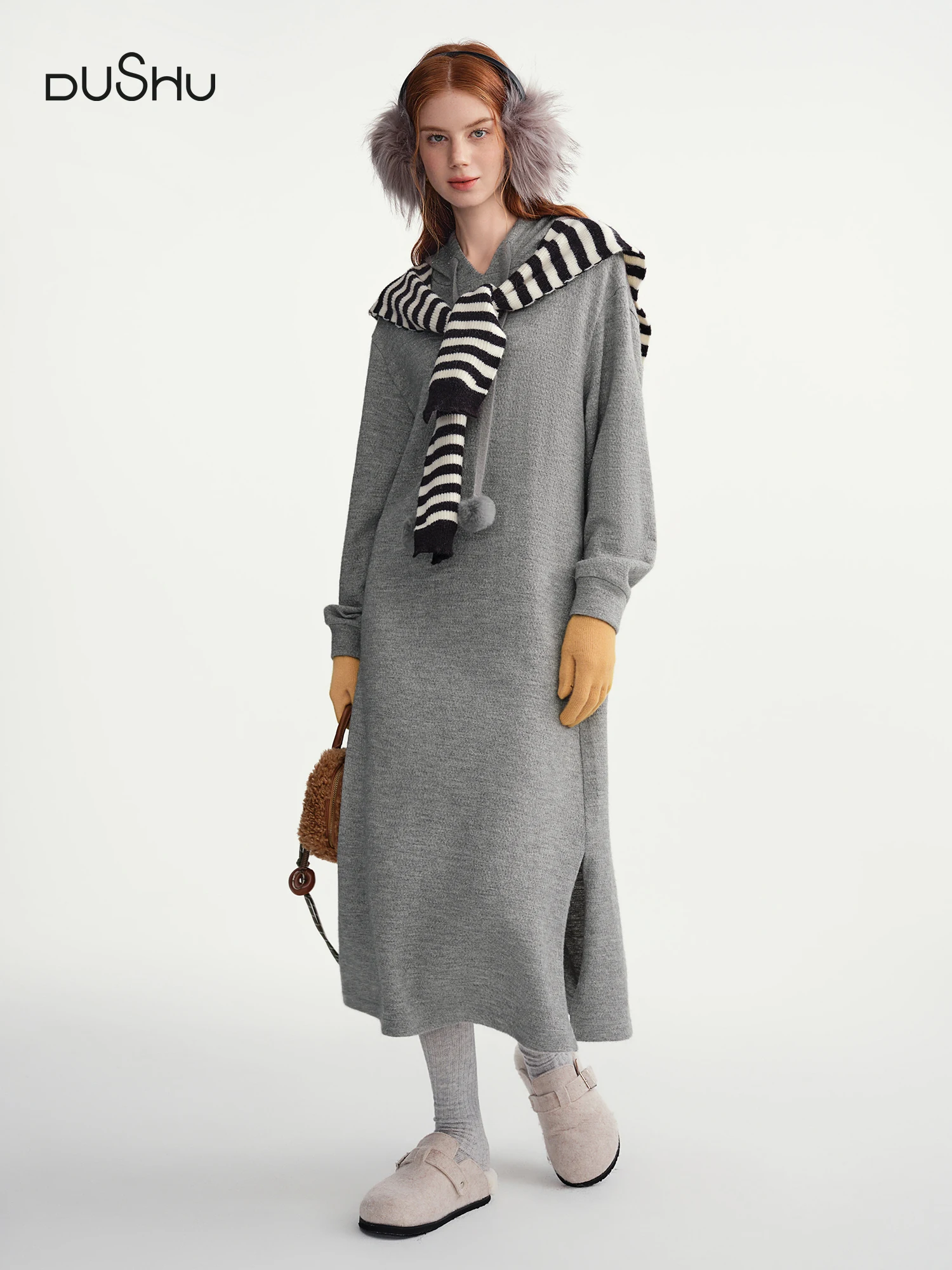 

DUSHU 2025 Winter Women's Pom Pom Hooded Knit Dress with Drawstring Waist - Casual Long Sleeve Tunic Dress for Daily Wear