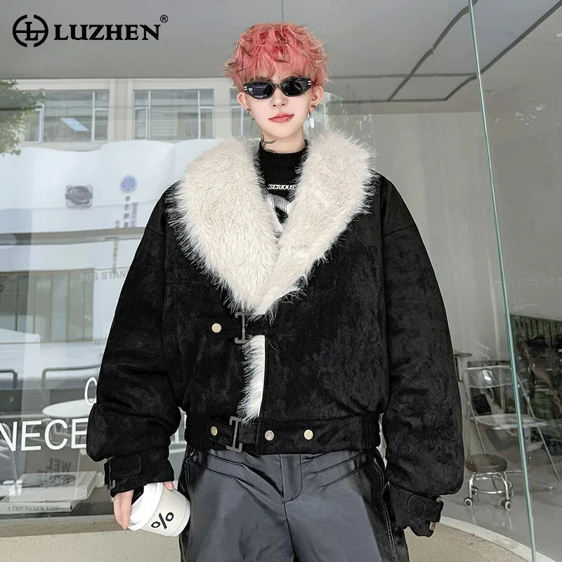 

LUZHEN 2025 зимняя новинка с воротником из искусственного меха, уличная одежда, стеганое пальто, мужская модная красивая однотонная куртка-парка высокого качества JY5249